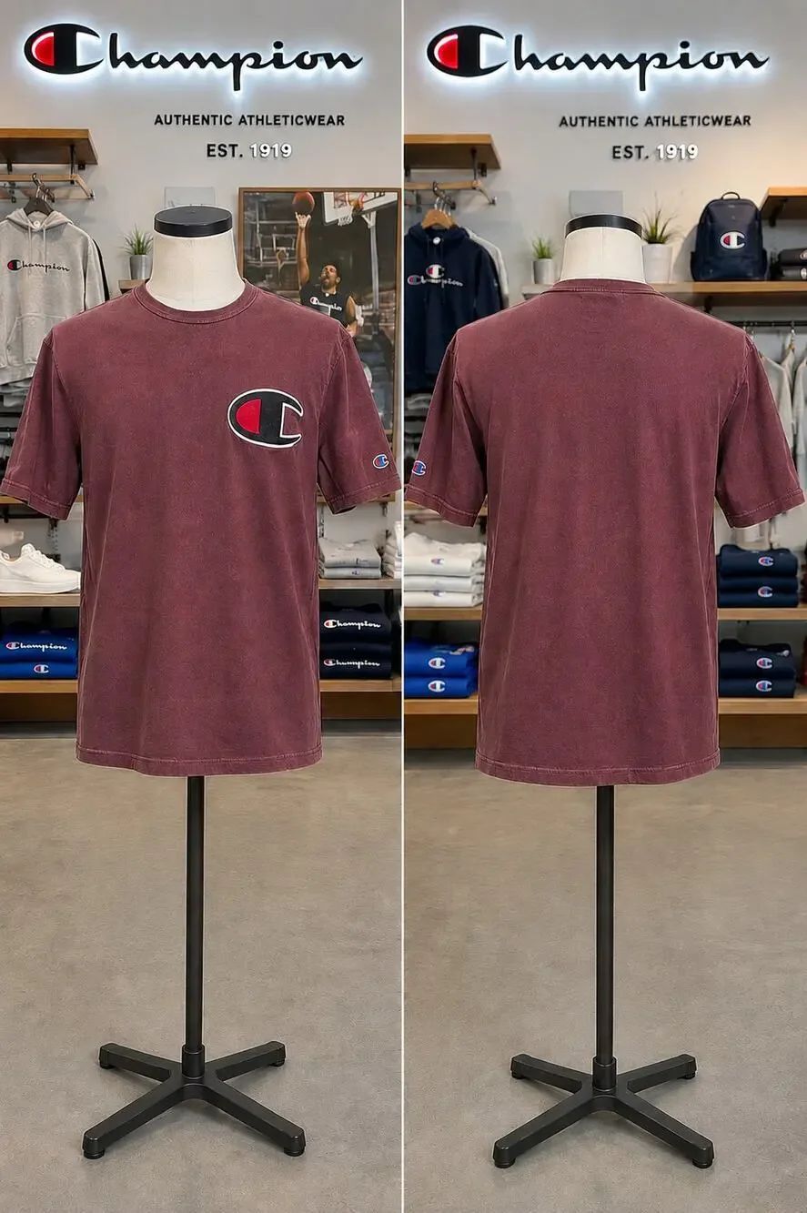 Vintage Champion Big C Logo T-Shirt Large Burgundy Garment Dyed Tee